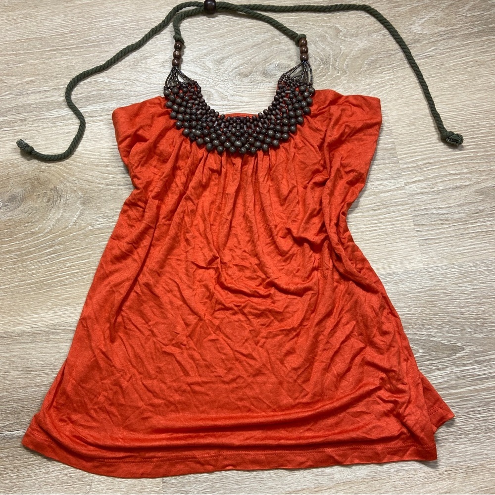 🖤5/$40!! Orange Women's Top with Beaded Neck. Boho summer top size small